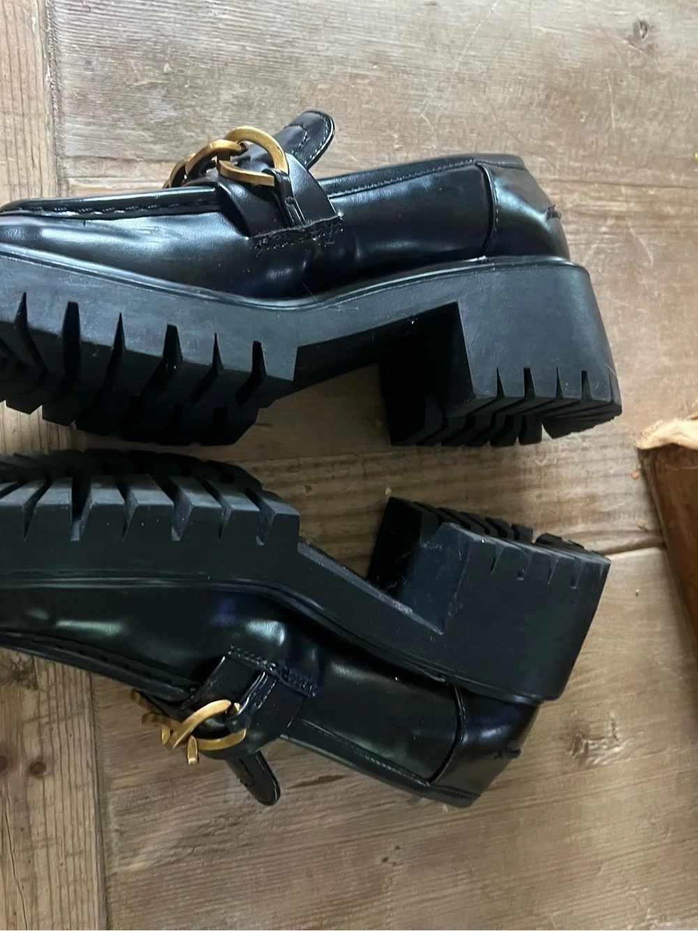 Zara woman’s Black Leather Loafers with Gold Chain